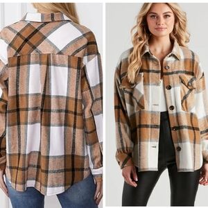 Oversized brown white black plaid shacket flannel button down boxy fit XL